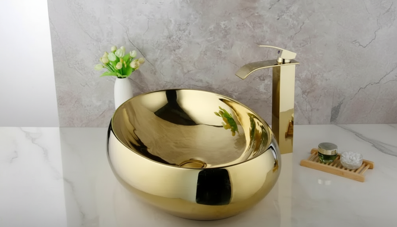 Golden Ceramic Sink + Brass Faucet & Drain: Luxe Vanity Set