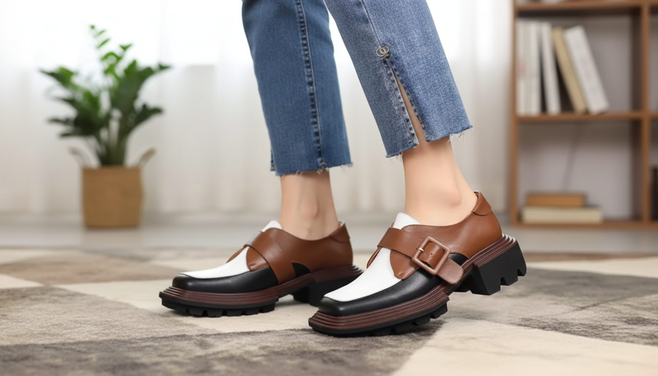 Mixed-Color Square-Toe Leather Loafers: Easy Walk Style