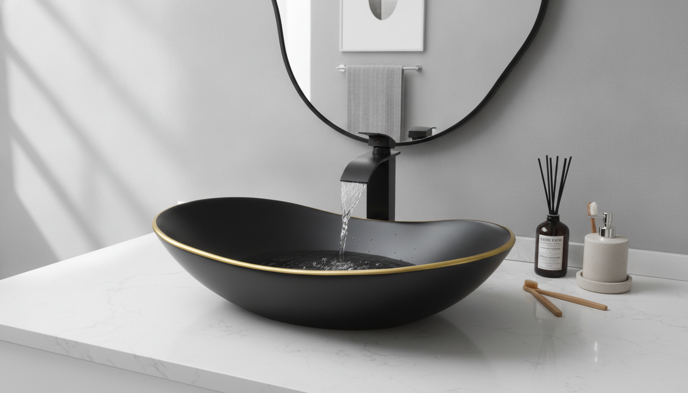 Modern Oval Vessel Sink Set: Matte Black Waterfall