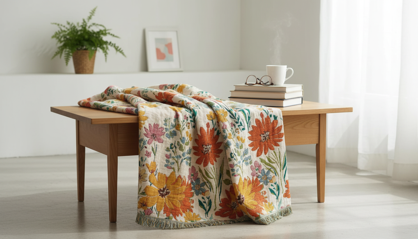 Reversible Floral Cotton Towel Throw with Tassels