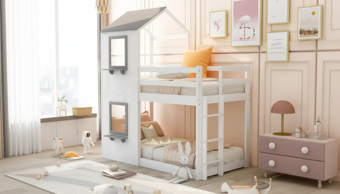 Twin-Over-Twin House Bunk Bed: Roof, Windows & Safety