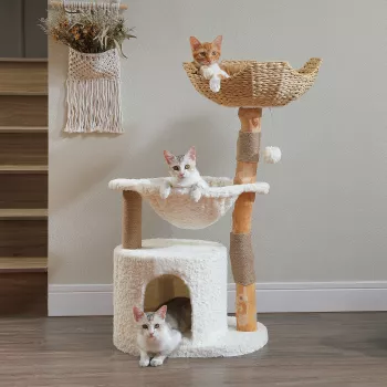 Modern Wood Cat Tree: Wicker Basket, Hammock & Scratch