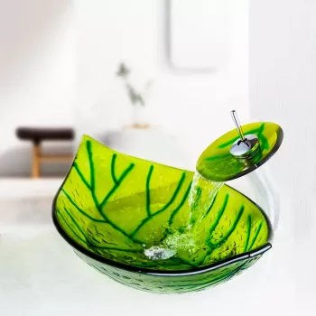 Leaf Glass Vessel Sink Set: Waterfall Faucet + Pop-Up